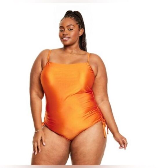 Metallic SideRuched HighLeg Cheeky OnePiece Swimsuit FeNoelxTarget Orange NWT 1X - Picture 4 of 16